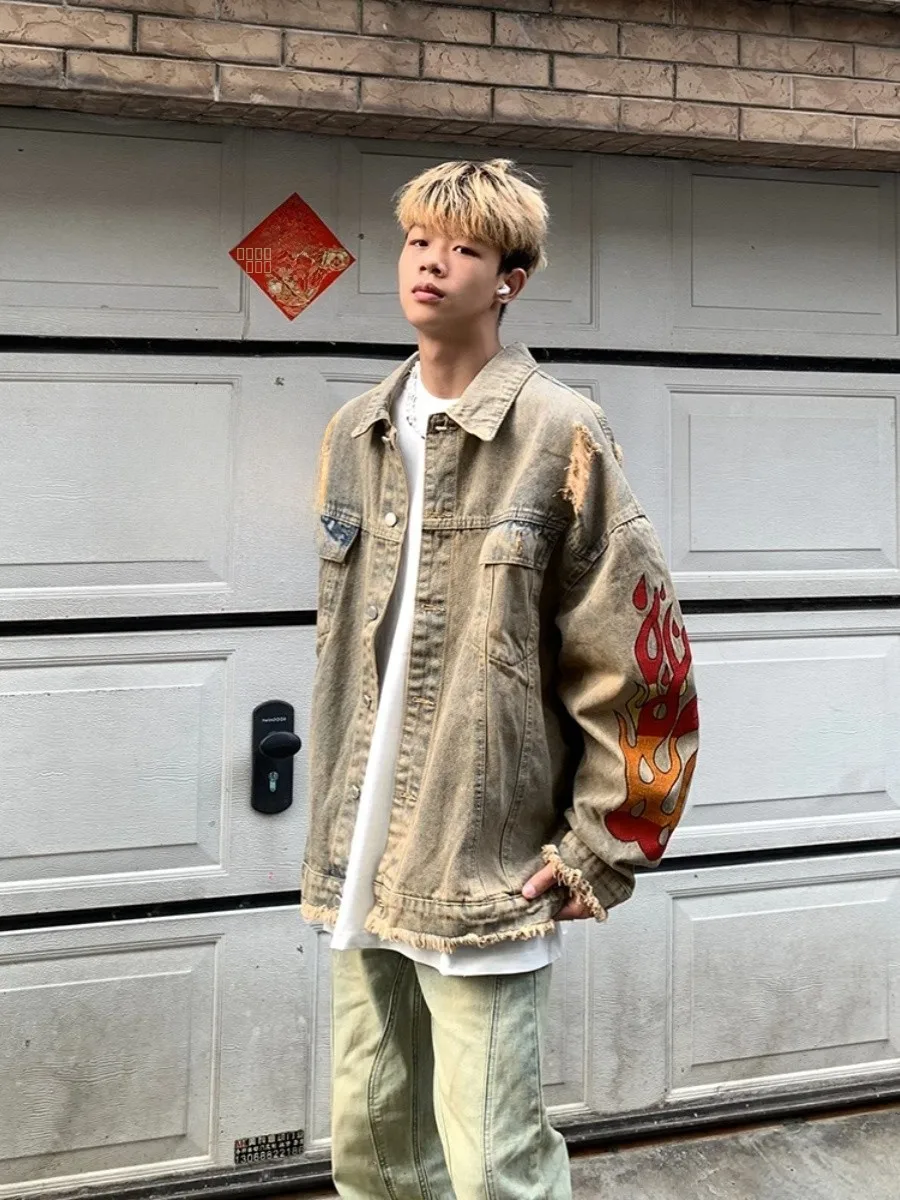 Retro American Waed Destroyed Jeans Flame Embroidery Denim Jaet Loose Large Size Men's Sle for Autumn Season
Retro American Waed Destroyed Jeans Flame Embroidery Denim Jaet Loose Large Size Men's Sle for Autumn Season