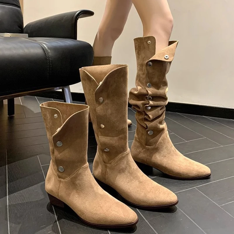 Модные короткие и длинные ботинки из искусственной замши, женская осенне-зимняя обувь, женские ботинки в стиле вестерн с острым носком на толстом каблуке, Botas Mujer 
Модные короткие и длинные ботинки из искусственной замши, женская осенне-зимняя обувь, женские ботинки в стиле вестерн с острым носком на толстом каблуке, Botas Mujer