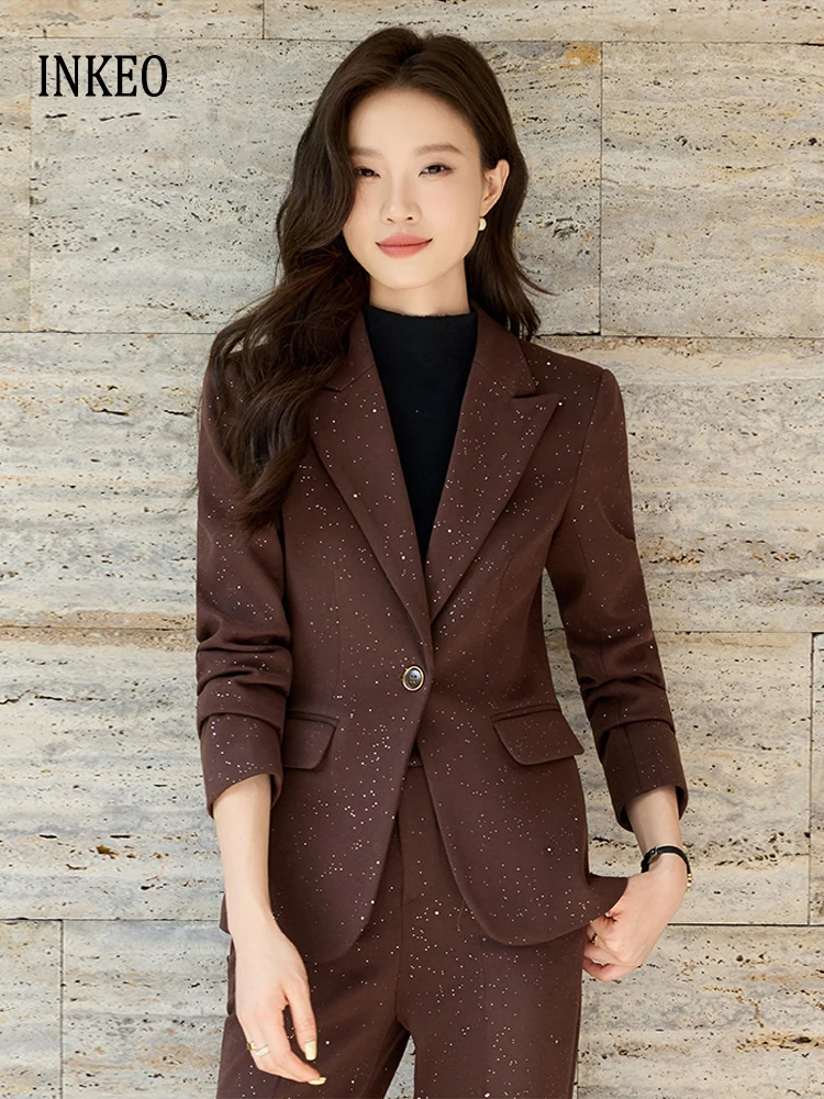 Большой размер Женский блестящий комплект из 2 предметов Slim 2025 Осень-зима Блейзер с длинными рукавами на одной пуговице и длинные брюки Женские INKEO 5O072 
Большой размер Женский блестящий комплект из 2 предметов Slim 2025 Осень-зима Блейзер с длинными рукавами на одной пуговице и длинные брюки Женские INKEO 5O072