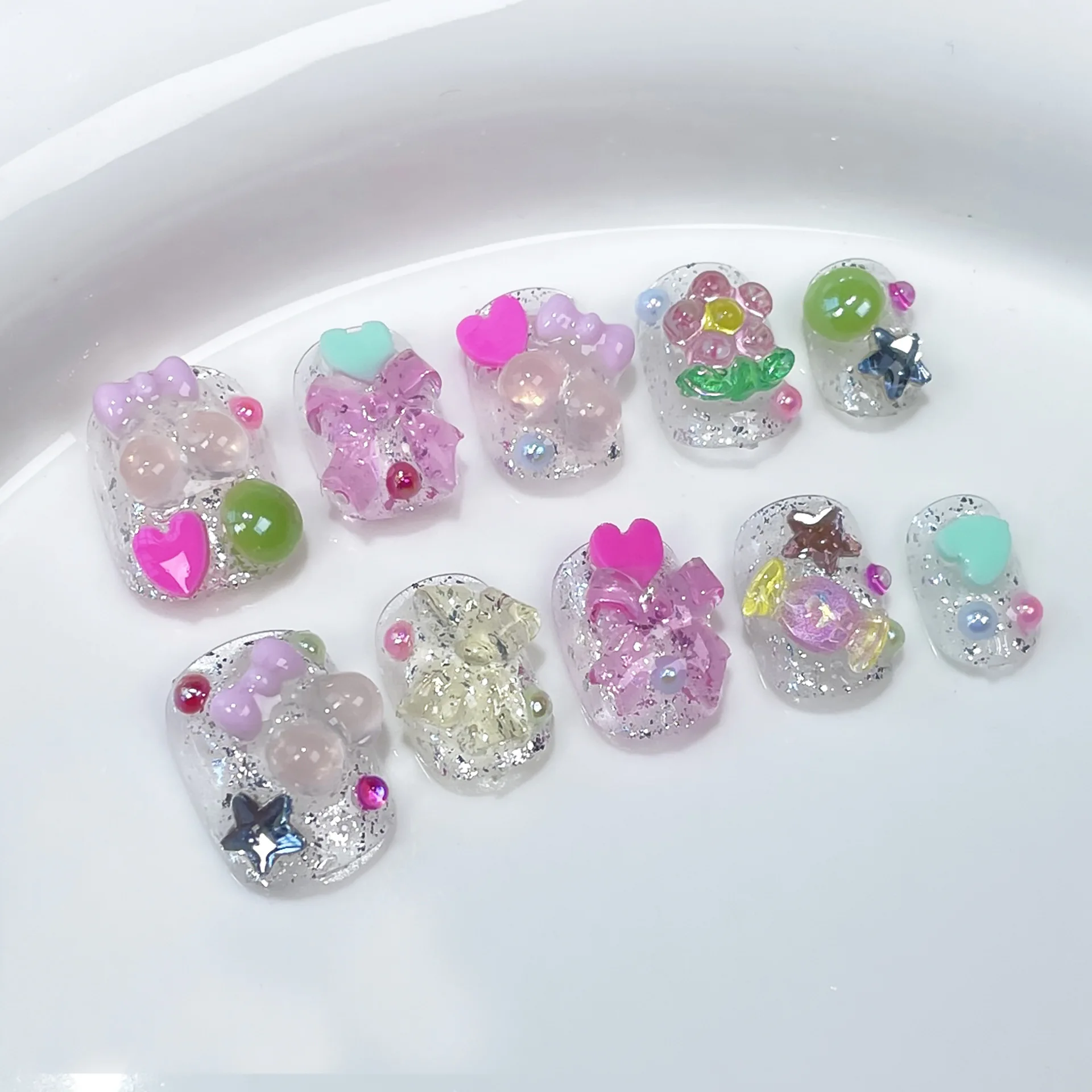 10Pcs Short Handmade Sweet Press on Nails Cute Summer French Rhinestone Decoration False Nail Wearable Manicure Fake Nail Tips
10Pcs Short Handmade Sweet Press on Nails Cute Summer French Rhinestone Decoration False Nail Wearable Manicure Fake Nail Tips