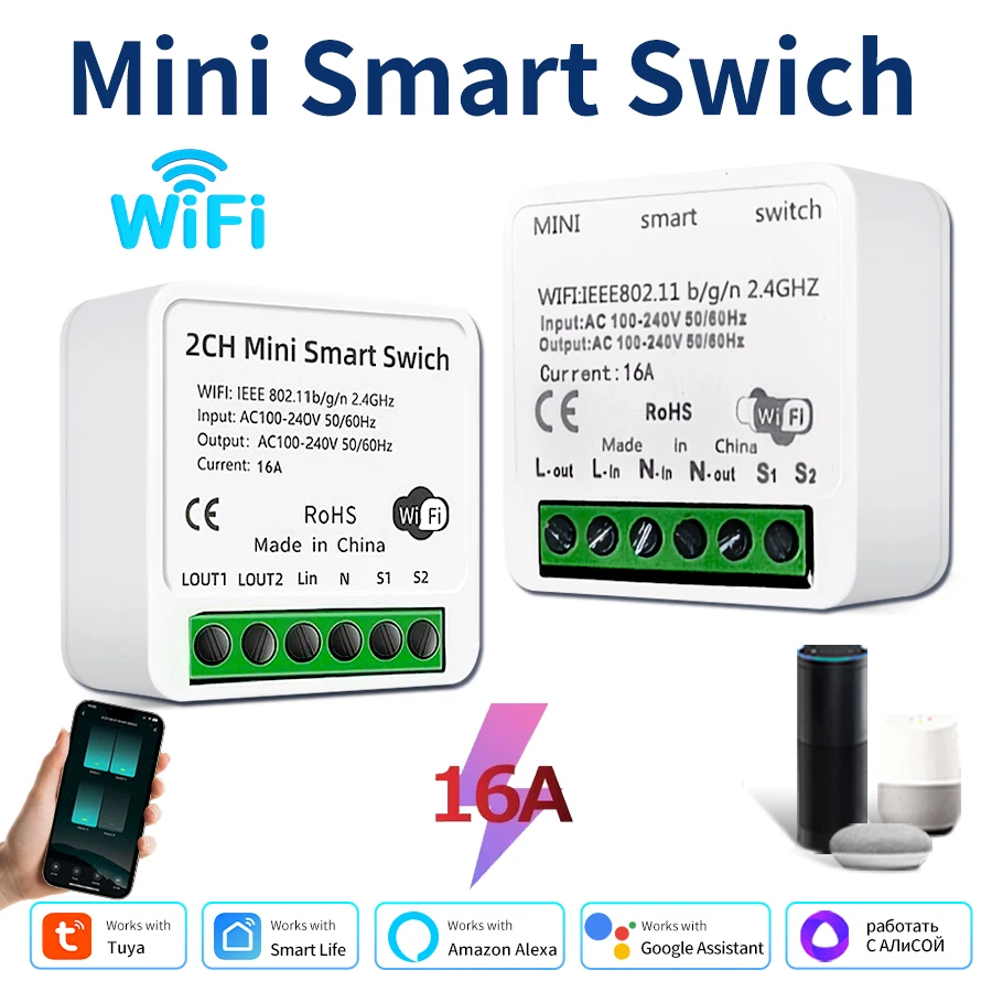 Tuya WiFi 1/2 Gang Mini Smart Switch DIY Релейный выключатель Модуль выключателей света 2-стороннее управление работает с Alexa Alice Google Home
Tuya WiFi 1/2 Gang Mini Smart Switch DIY Релейный выключатель Модуль выключателей света 2-стороннее управление работает с Alexa Alice Google Home