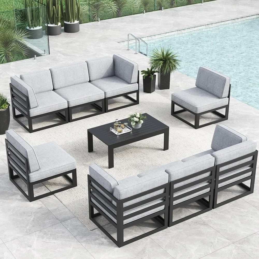 Large Aluminum Patio Furniture Set, 9 Pieces Modern Outdoor Conversation Set Sectional Metal Sofa Set with Olefin Cushion
Large Aluminum Patio Furniture Set, 9 Pieces Modern Outdoor Conversation Set Sectional Metal Sofa Set with Olefin Cushion