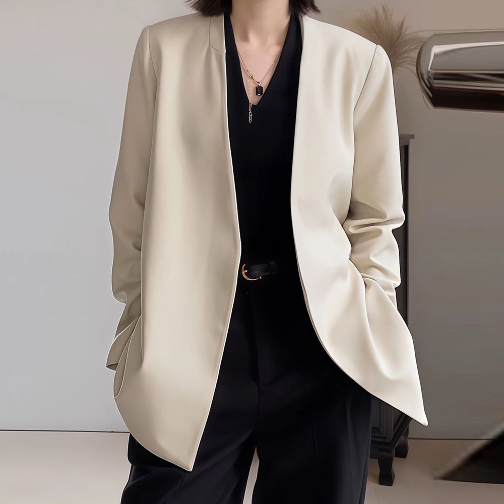 Design collarless suit spring jacket women's new high-end loose suit top shoulder pads jacket women blazer
Design collarless suit spring jacket women's new high-end loose suit top shoulder pads jacket women blazer