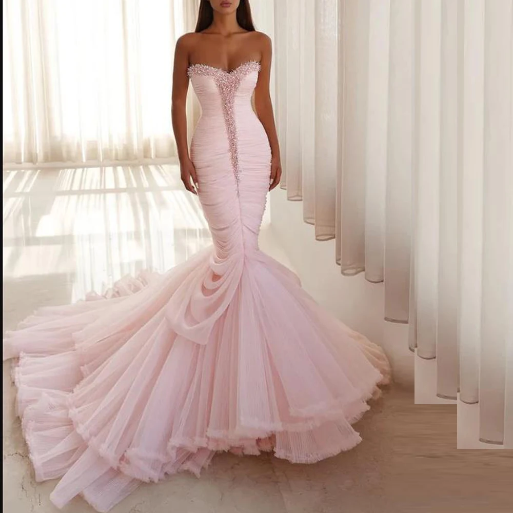 Customized Pleated Ruffles Bottom Evening Dress Sweetheart Mermaid Pink vestidos de gala Beading Tiered Fishtail Birthday Dress
Customized Pleated Ruffles Bottom Evening Dress Sweetheart Mermaid Pink vestidos de gala Beading Tiered Fishtail Birthday Dress