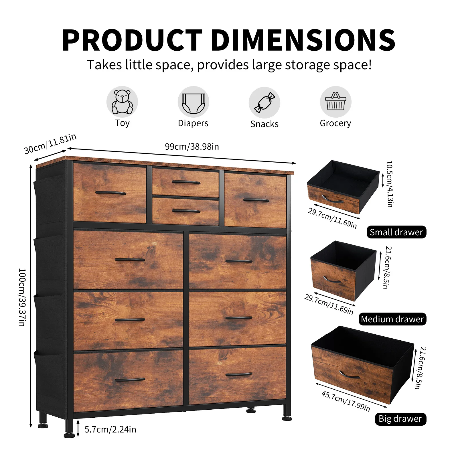 10-Drawer Dresser with Side Pocket & Hooks, Storage Cabinet with Wooden Top for Bedroom Closet Organization
10-Drawer Dresser with Side Pocket & Hooks, Storage Cabinet with Wooden Top for Bedroom Closet Organization