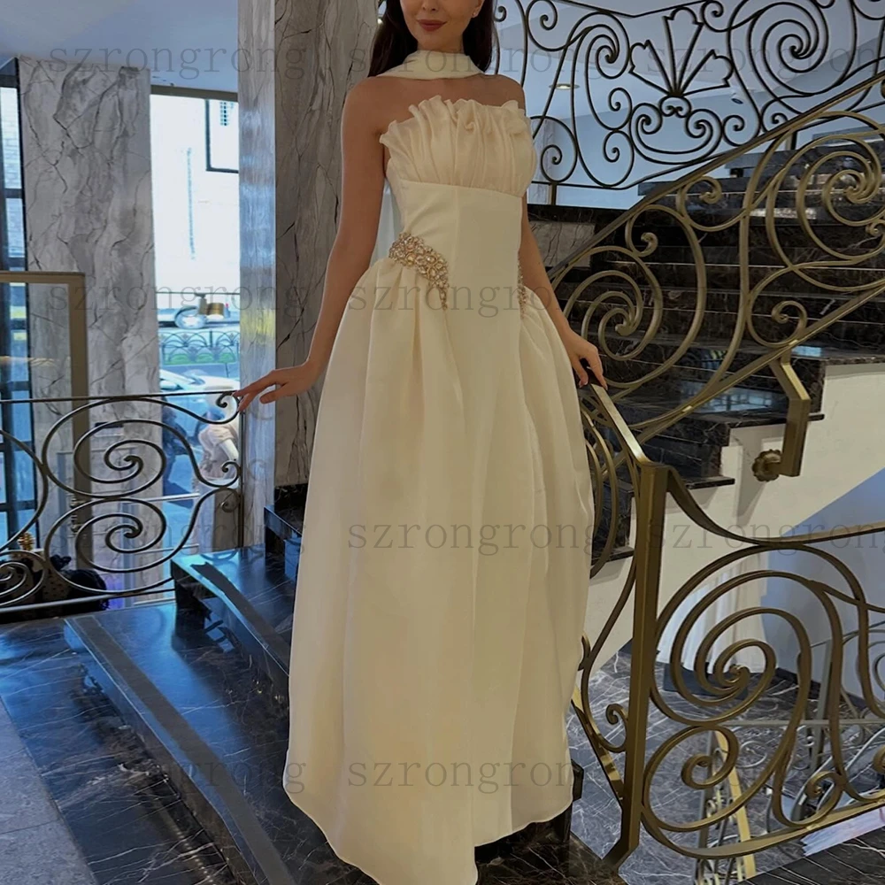 Customized Strapless Evening Dresses Backless Pleat A-Line Beading Sleeveless Ankle-Length Prom Gown Simple Tulle Party Dress
Customized Strapless Evening Dresses Backless Pleat A-Line Beading Sleeveless Ankle-Length Prom Gown Simple Tulle Party Dress
