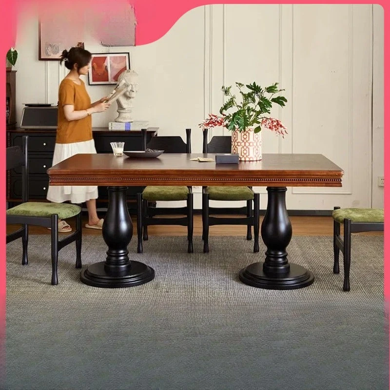 French retro solid wood home living room large board table American medieval dining table and chair combination
French retro solid wood home living room large board table American medieval dining table and chair combination