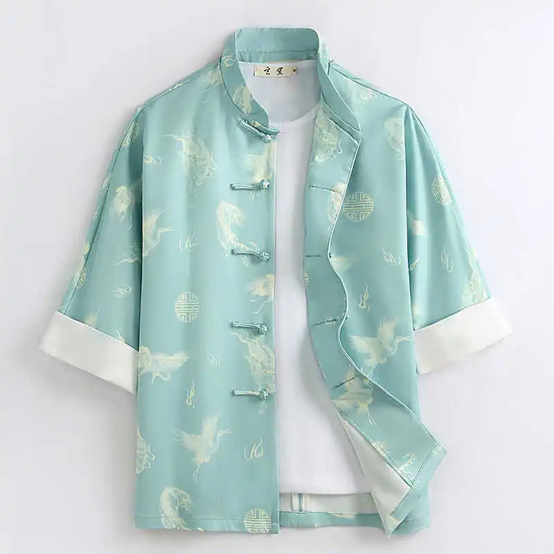 Casual Men's Tang Suit Shirt Wind Tiger Crane Print Short Sleeve Button Decorated Five-Quarter Sleeve Loose Top Summer Fashion
Casual Men's Tang Suit Shirt Wind Tiger Crane Print Short Sleeve Button Decorated Five-Quarter Sleeve Loose Top Summer Fashion