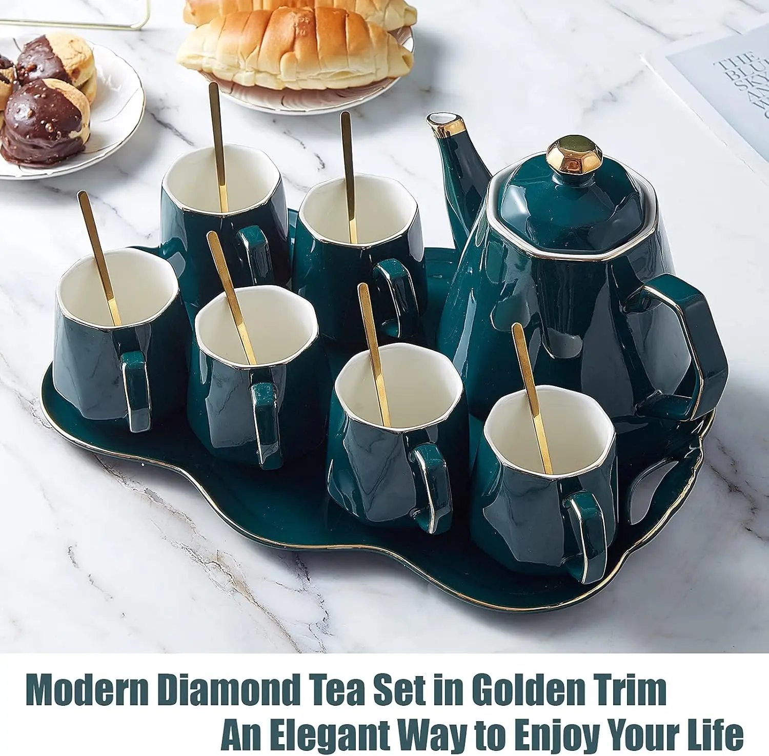 14 pcs Tea Set of 6 with Tea Tray & Spoons, Cup Golden Trim, Chic Porcelain Living Room Decor,
14 pcs Tea Set of 6 with Tea Tray & Spoons, Cup Golden Trim, Chic Porcelain Living Room Decor,