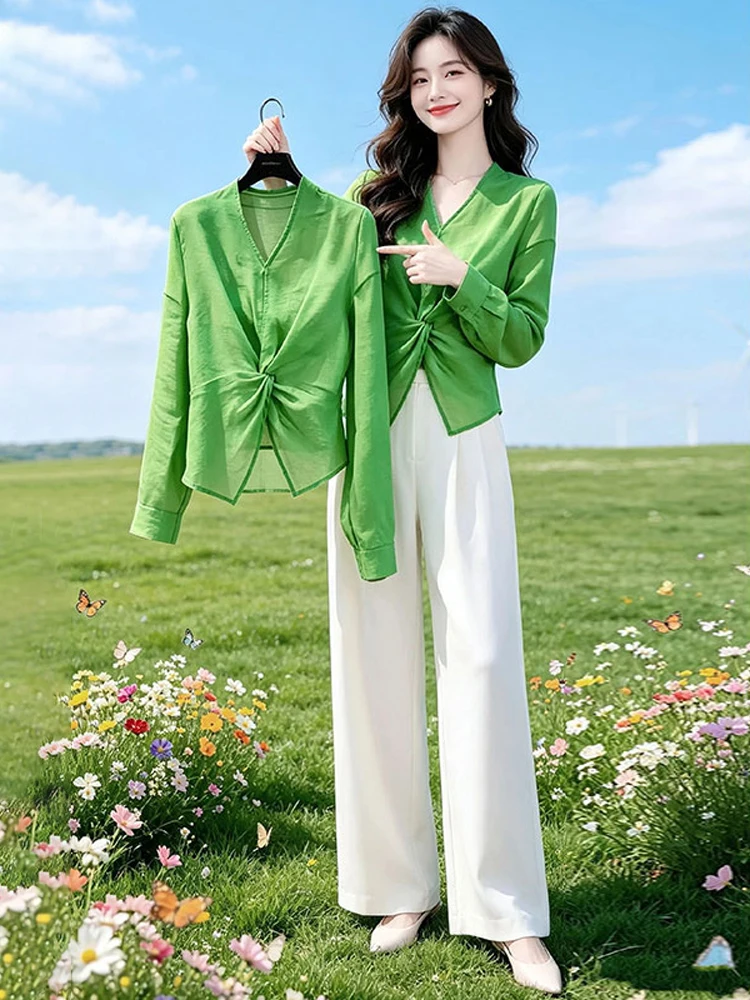 Elegant V-neck Knot Waist Shirt Women's Summer New Thin Breathable Casual Shirt Female Fashionable Loose Long Sleeve Top
Elegant V-neck Knot Waist Shirt Women's Summer New Thin Breathable Casual Shirt Female Fashionable Loose Long Sleeve Top