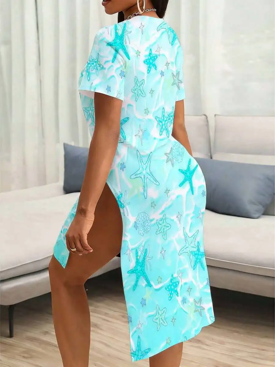 Turquoise Starfish Print Short Sleeve Bodycon Dress With High Side Slit Women Casual Mini Dress
Turquoise Starfish Print Short Sleeve Bodycon Dress With High Side Slit Women Casual Mini Dress