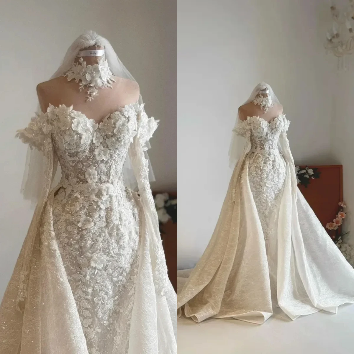 New Detachable Overskirt Mermaid Wedding Dress Off Shoulder 3D Floral Lace Bridal Gown With Train Vestido De Novia Customized
New Detachable Overskirt Mermaid Wedding Dress Off Shoulder 3D Floral Lace Bridal Gown With Train Vestido De Novia Customized