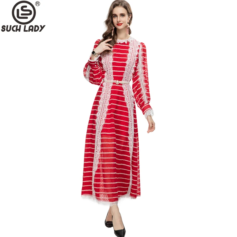Women's Runway Dresses O Long Sleeves Neck Embroidery Lace Patchwork Striped Elegant Fashion Designer Vestidos
Women's Runway Dresses O Long Sleeves Neck Embroidery Lace Patchwork Striped Elegant Fashion Designer Vestidos