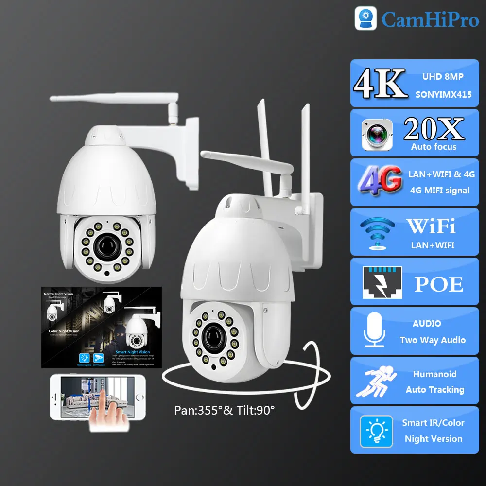 C-RU 4K 8MP Wireless Security 3G 4G SIM Card&Wifi PTZ Dome POE 20X Zoom Auto Human Tracking Two Way Audio IR/Color Night Vision
C-RU 4K 8MP Wireless Security 3G 4G SIM Card&Wifi PTZ Dome POE 20X Zoom Auto Human Tracking Two Way Audio IR/Color Night Vision