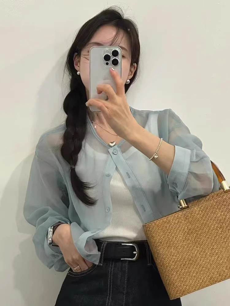 Blue Long Sve irt Jaet Women's Thin Summer Outerwear Single Button Design Ultra-Thin Waist-Cinching UV Protection Top
Blue Long Sve irt Jaet Women's Thin Summer Outerwear Single Button Design Ultra-Thin Waist-Cinching UV Protection Top