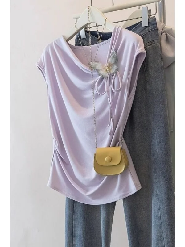 Summer Unique Purple Short Sleeve T-Shirt Women's plus Size Beautiful Waist-Cut out Shoulder Style Korean Version Commute Style
Summer Unique Purple Short Sleeve T-Shirt Women's plus Size Beautiful Waist-Cut out Shoulder Style Korean Version Commute Style