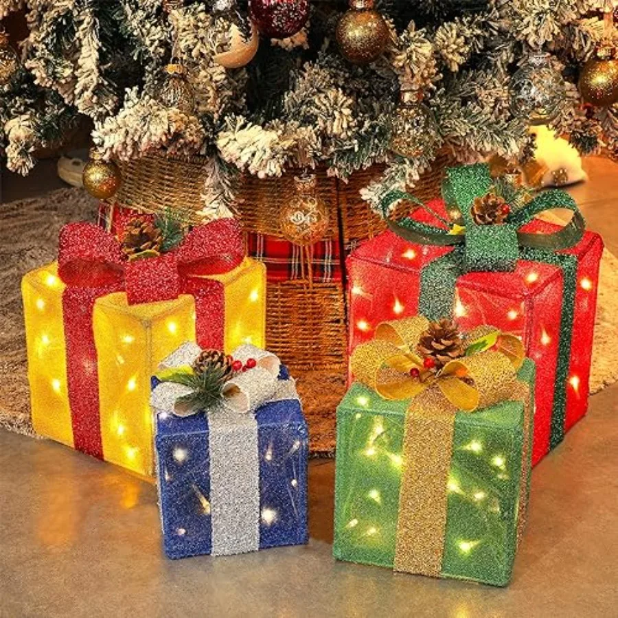 Set of 4 Christmas Lighted Gift Boxes Decorations, Pre-lit Tinsel Present Box with Bowknot Red Green Yellow Blue,Light Up Xmas
Set of 4 Christmas Lighted Gift Boxes Decorations, Pre-lit Tinsel Present Box with Bowknot Red Green Yellow Blue,Light Up Xmas