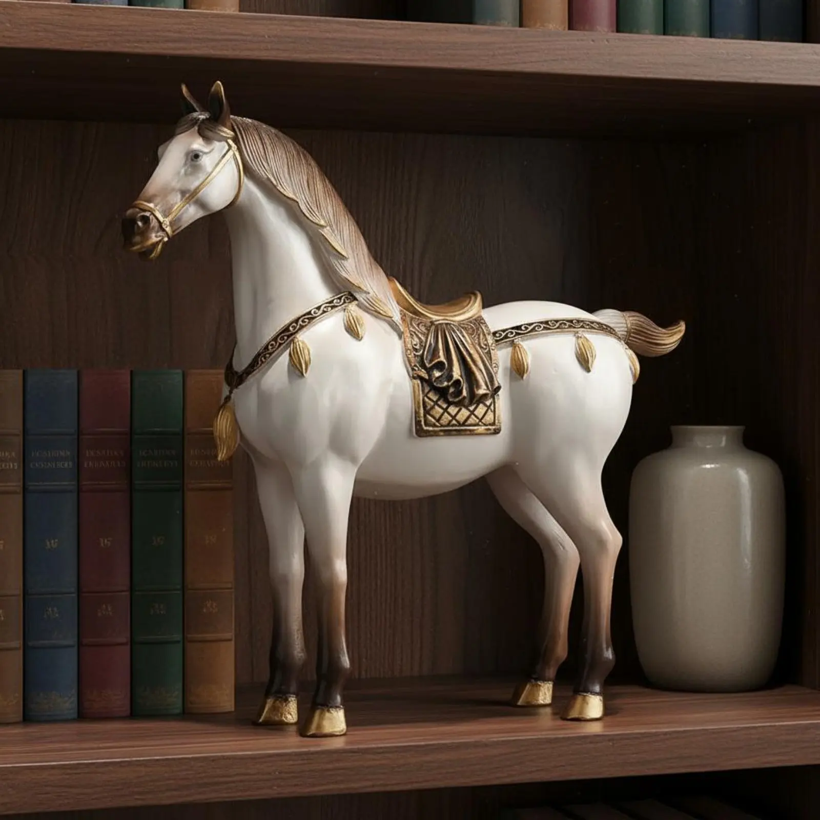 Auspicious Horse Sculpture Gold Accents Chinese Design Horse Ornament Home Decor Glossy Finish Collectible for Office
Auspicious Horse Sculpture Gold Accents Chinese Design Horse Ornament Home Decor Glossy Finish Collectible for Office