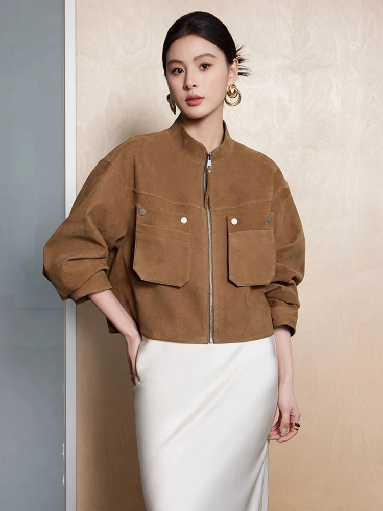 Genuine Leather Cropped Jackets for Women Spring Autumn High-end Simple Stand Collar Deer-patterned Real Goatskin Leather Coat
Genuine Leather Cropped Jackets for Women Spring Autumn High-end Simple Stand Collar Deer-patterned Real Goatskin Leather Coat