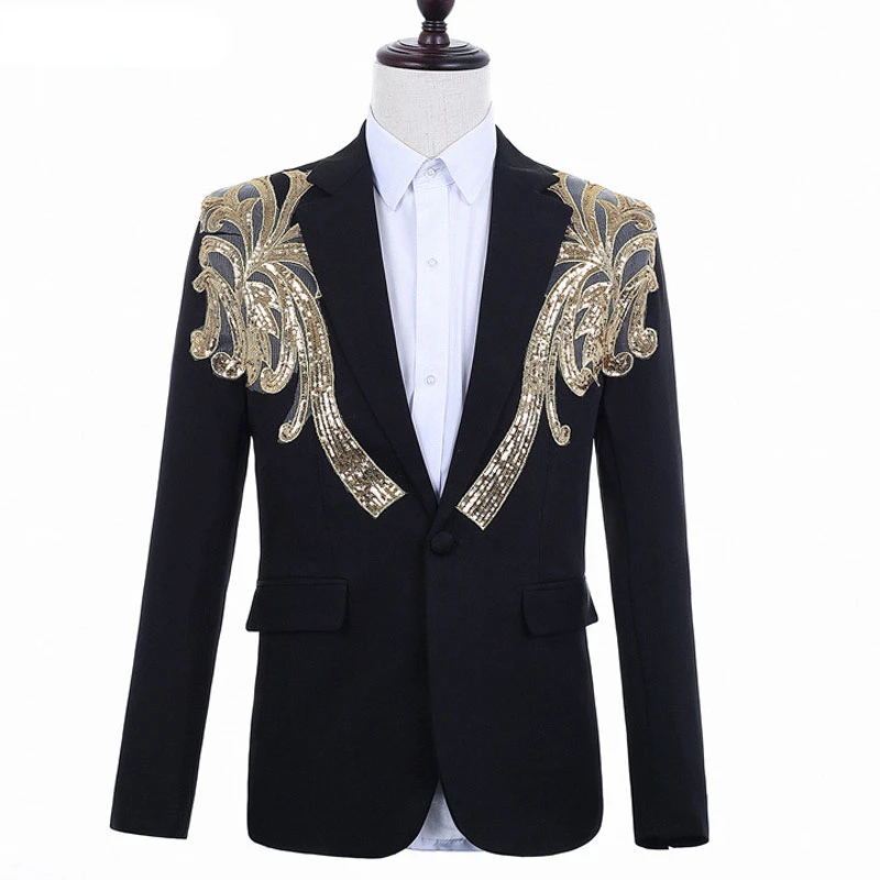 Luxury Gold Floral Sequin Patchwork Suit Jacket Men One Button Slim Fit Blazers Mens Wedding Groom Party Dinner Costumes
Luxury Gold Floral Sequin Patchwork Suit Jacket Men One Button Slim Fit Blazers Mens Wedding Groom Party Dinner Costumes