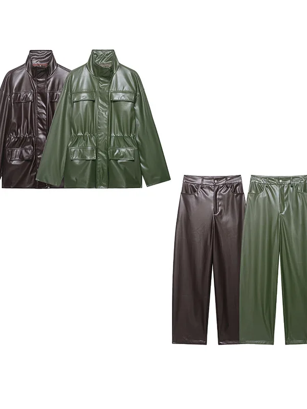 Withered Multi Pocket Pu Leather Jacket Jacket, Straight Leg Pants Set Woman Clothes Pant Sets New Two Piece Set Women's
Withered Multi Pocket Pu Leather Jacket Jacket, Straight Leg Pants Set Woman Clothes Pant Sets New Two Piece Set Women's