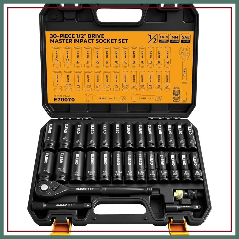 30-Piece Deep Impact Socket Set, 1/2" Drive, SAE & Metric, 3" & 5" Extensions, Ratchet Handle, CR-V Steel for Auto Repair
30-Piece Deep Impact Socket Set, 1/2" Drive, SAE & Metric, 3" & 5" Extensions, Ratchet Handle, CR-V Steel for Auto Repair