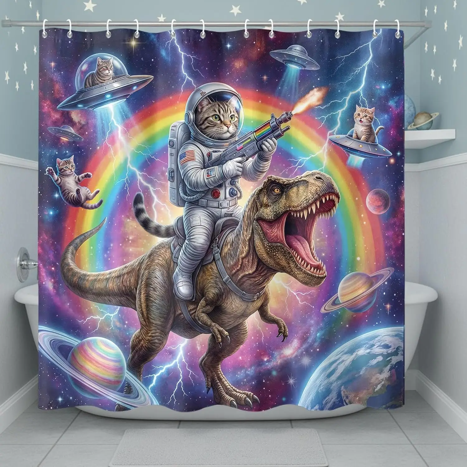 Funny Cat Dinosaur Shower Curtain, Rainbow Laser Space Galaxy UFO Lightning Cool Meme Bath Curtain Set with Hooks Waterproof and
Funny Cat Dinosaur Shower Curtain, Rainbow Laser Space Galaxy UFO Lightning Cool Meme Bath Curtain Set with Hooks Waterproof and