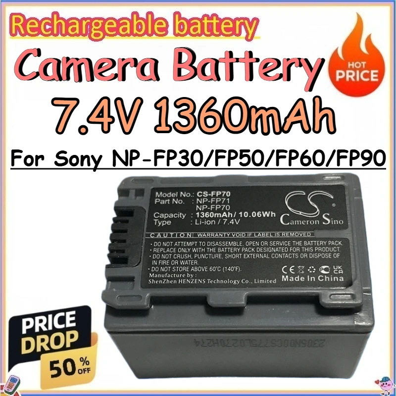 7.4V 1360mAh Camera Battery for Sony NP-FP30/FP50/FP60/FP90 Replace Rechargeable CS-FP70/NP-FP70/FP71 Lithium Batteries
7.4V 1360mAh Camera Battery for Sony NP-FP30/FP50/FP60/FP90 Replace Rechargeable CS-FP70/NP-FP70/FP71 Lithium Batteries