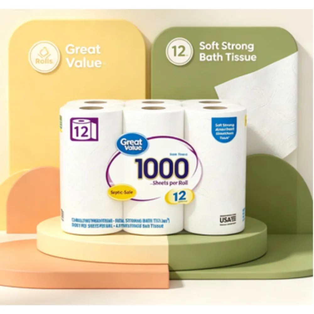 Great Value 1000 Sheets per Roll Toilet Paper, 12 Rolls, Soft Strong Absorbent Septic-Safe Bath Tissue for Home & Daily Bathroom Use
Great Value 1000 Sheets per Roll Toilet Paper, 12 Rolls, Soft Strong Absorbent Septic-Safe Bath Tissue for Home & Daily Bathroom Use