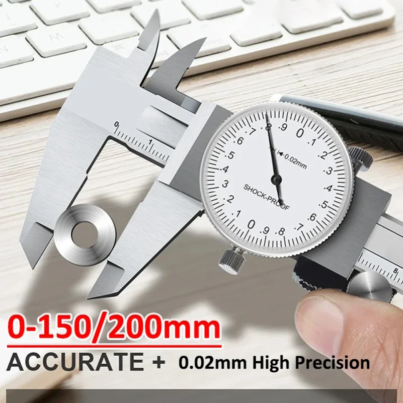 0-150/200mm Dial Calipers 0.02mm High Precision Pachometer Dial Caliper Ruler Metal Vernier Caliper Shockproof Measuring Tool