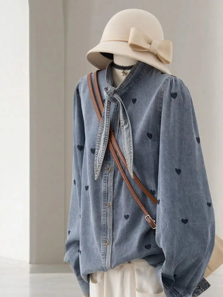 Women's Spring Fall Heart Embroidered Denim Shirt Chic Slimming Elegant Tie Collar Long Sleeve Casual Jeans Blouse Top
Women's Spring Fall Heart Embroidered Denim Shirt Chic Slimming Elegant Tie Collar Long Sleeve Casual Jeans Blouse Top