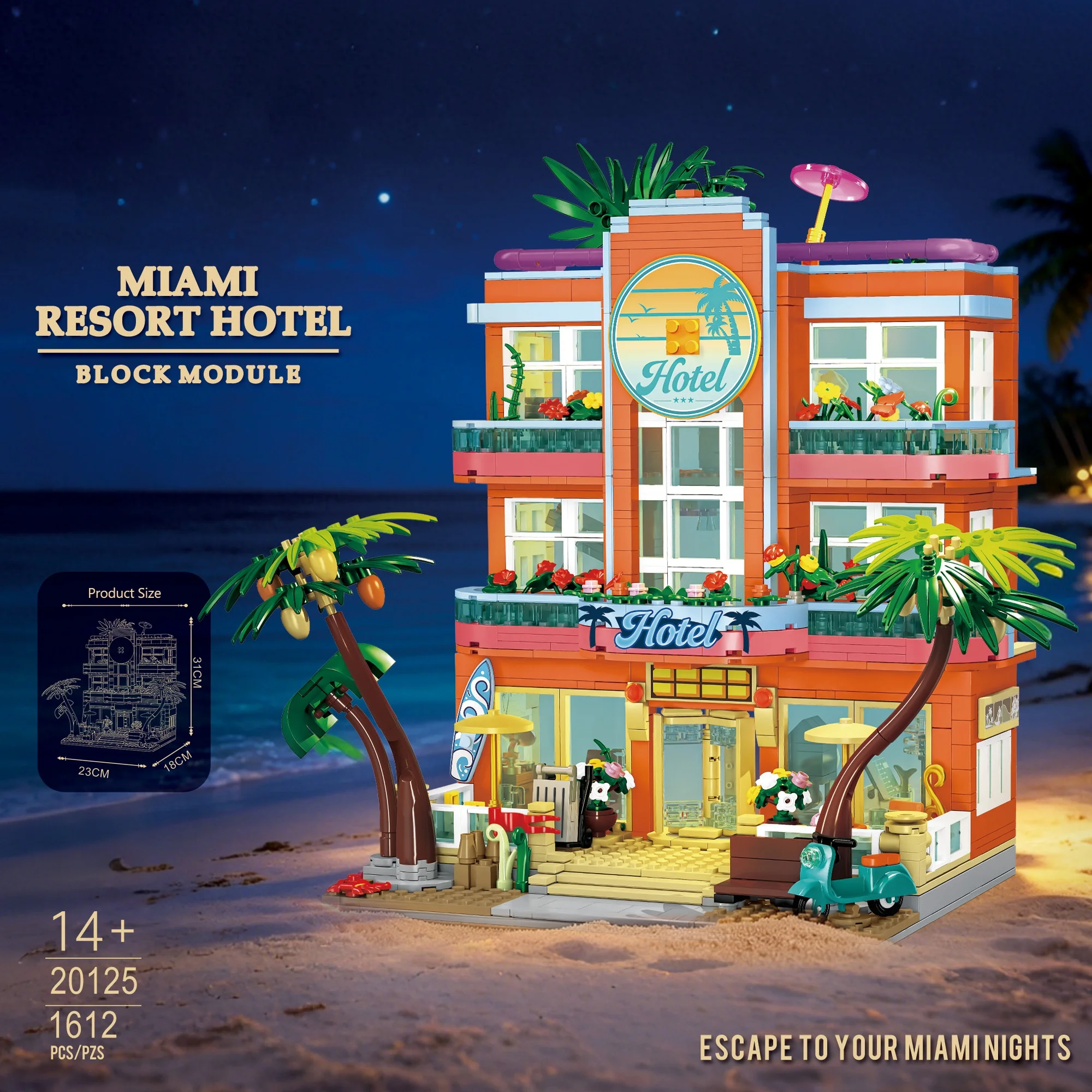 1612pcs Miami Resort Hotel Building Blocks Street View Creative Architecture Modular Construction Bricks Toys for Adults Gifts
1612pcs Miami Resort Hotel Building Blocks Street View Creative Architecture Modular Construction Bricks Toys for Adults Gifts