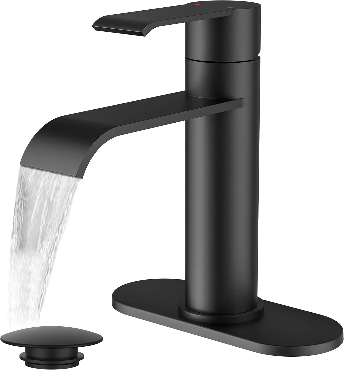 Matte Black Waterfall Bathroom Faucet Single Hole with Adapter Plate, Pop Up Drain and Supply Hose for RV, Lavatory
Matte Black Waterfall Bathroom Faucet Single Hole with Adapter Plate, Pop Up Drain and Supply Hose for RV, Lavatory