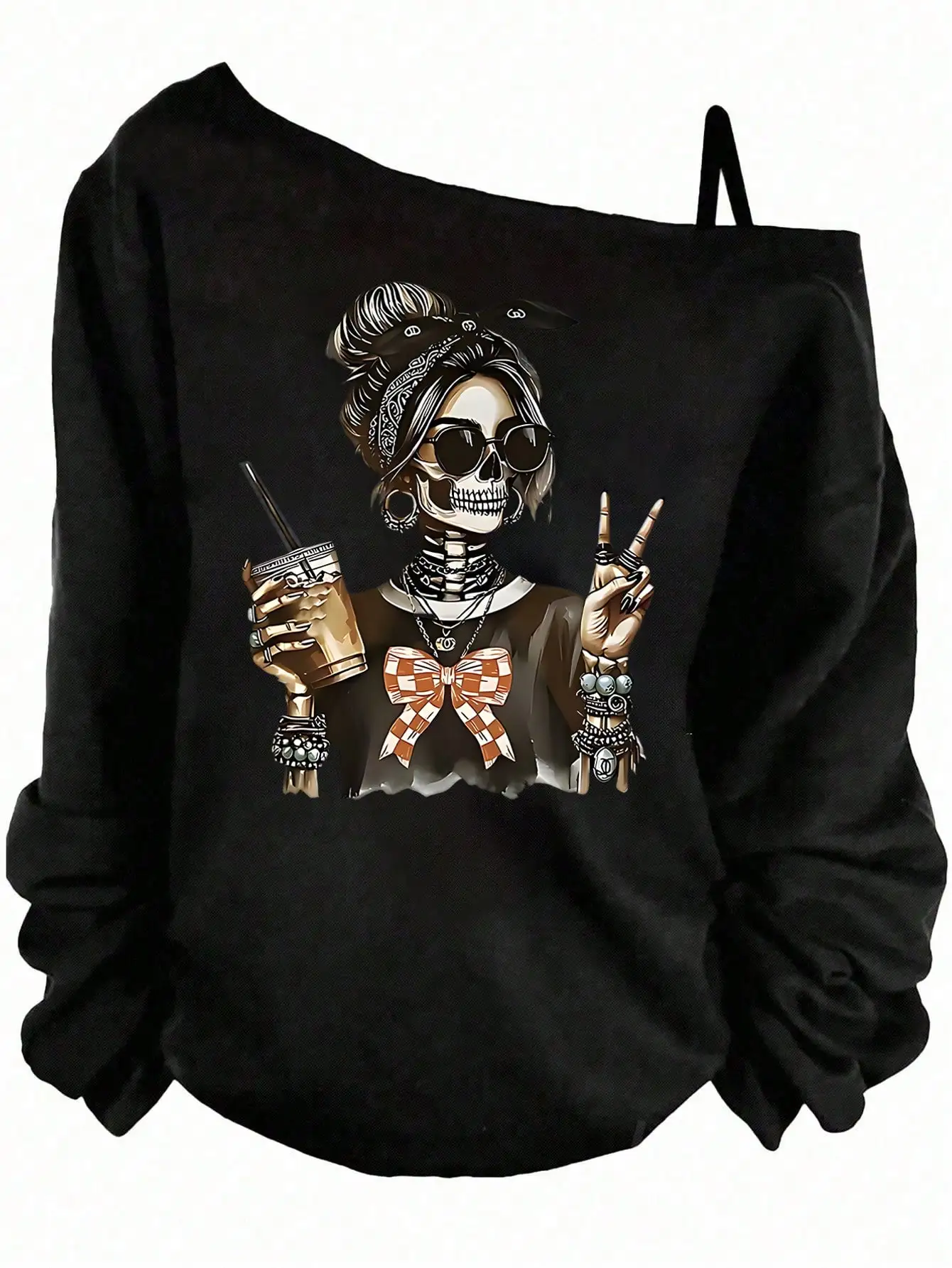 Хэллоуин Повседневная минималистичная футболка с графическим принтом для девочек с черепом больших размеров, женская футболка с асимметричным плечом, весна-осень,
Хэллоуин Повседневная минималистичная футболка с графическим принтом для девочек с черепом больших размеров, женская футболка с асимметричным плечом, весна-осень,