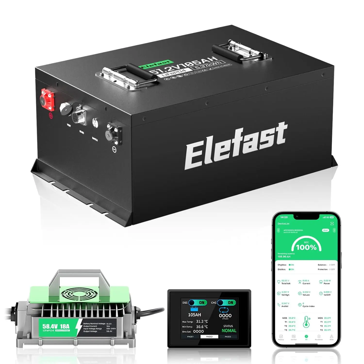 48V 105AH Lithium Lifepo4 Battery for Golf Cart Kit with 18A Charger and Touch Monitor,Peak Current 1000A,Built-in 200A, Custom
48V 105AH Lithium Lifepo4 Battery for Golf Cart Kit with 18A Charger and Touch Monitor,Peak Current 1000A,Built-in 200A, Custom
