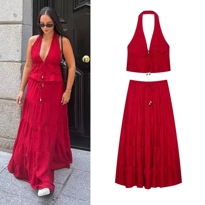 Women's Set 2026 New Summer Linen Pleated Set 2pcs Set Halter Top and Midi Skirt Chic Personality Vacation Style Ladies Outfit
Women's Set 2026 New Summer Linen Pleated Set 2pcs Set Halter Top and Midi Skirt Chic Personality Vacation Style Ladies Outfit