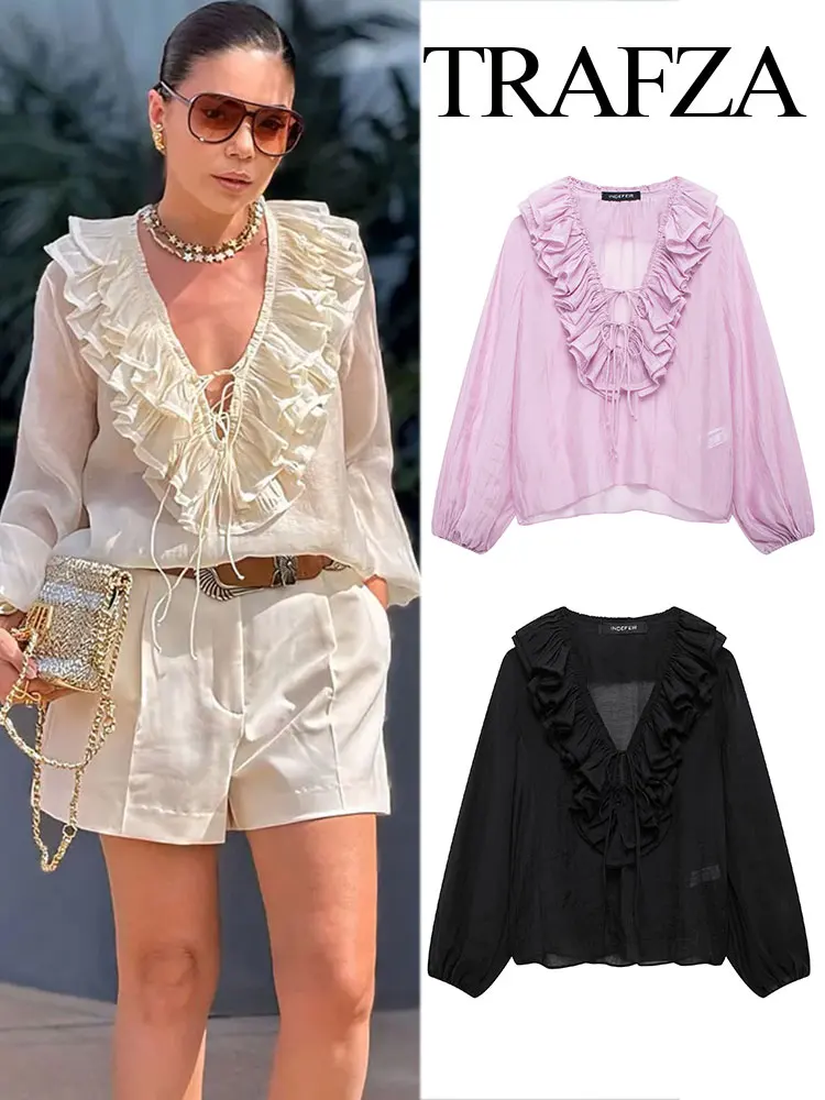 TRAFZA Elegant Women's Retro V-neck Ruffle Trim Long Sleeve Shirt 2025 Summer Casual Top Women's Fashion Translucent Thin Shirt
TRAFZA Elegant Women's Retro V-neck Ruffle Trim Long Sleeve Shirt 2025 Summer Casual Top Women's Fashion Translucent Thin Shirt