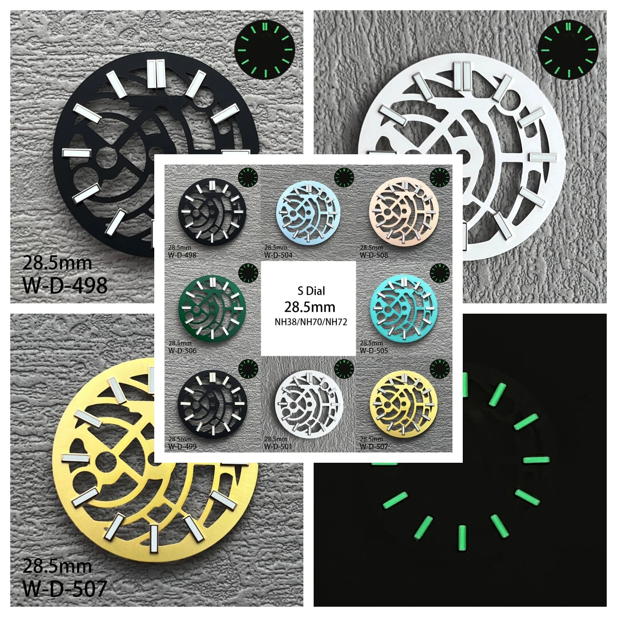 28.5mm S Logo Hollow Out Dial Fit NH70/NH72 Movement Green Luminous High-Quality Dial Watch Modification Accessories
28.5mm S Logo Hollow Out Dial Fit NH70/NH72 Movement Green Luminous High-Quality Dial Watch Modification Accessories