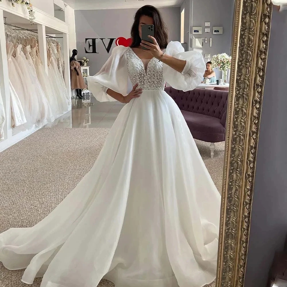 Elegant Pretty Wedding Dresses For Women Deep V-Neck Lace Appliques Fluffy Sleeve Sexy Backless Bridal Mopping Gowns Custom Made
Elegant Pretty Wedding Dresses For Women Deep V-Neck Lace Appliques Fluffy Sleeve Sexy Backless Bridal Mopping Gowns Custom Made