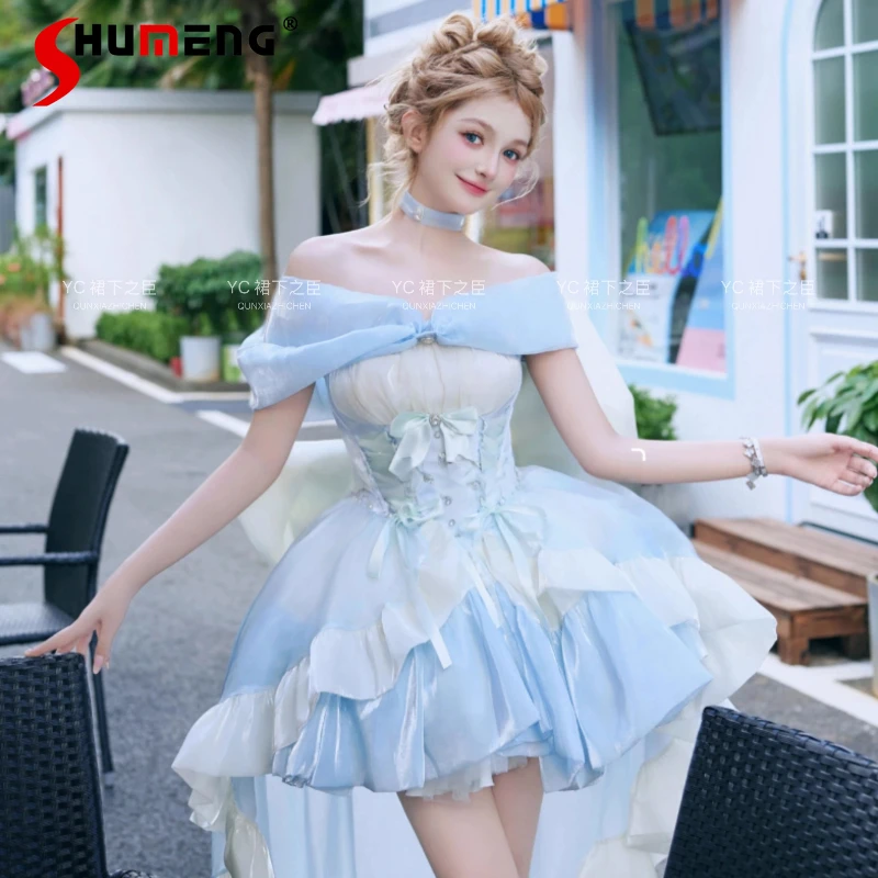 French Elegant Blue and White Princess Dress Summer Girl's Sweet Cute Big Bow Tail Off-Shoulder Mini Dress Women's Evening Gown
French Elegant Blue and White Princess Dress Summer Girl's Sweet Cute Big Bow Tail Off-Shoulder Mini Dress Women's Evening Gown