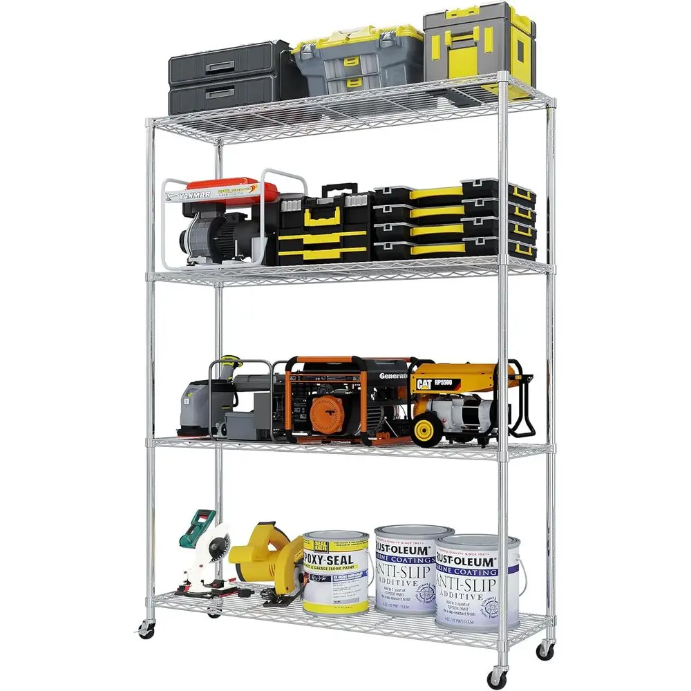 4-Tier Adjustable Metal Shelving Rack with Wheels, 800 lbs Capacity, 64.96H x 46.06W x 17.7D, Silver
4-Tier Adjustable Metal Shelving Rack with Wheels, 800 lbs Capacity, 64.96H x 46.06W x 17.7D, Silver