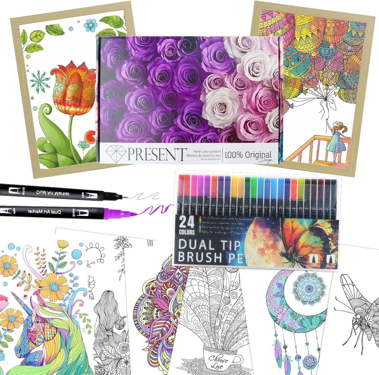 Adult Coloring Book Set with 24 Dual-Tip Markers, 12 Premium Pages & 2 Wooden Frames - Mindfulness Art Kit for Women
Adult Coloring Book Set with 24 Dual-Tip Markers, 12 Premium Pages & 2 Wooden Frames - Mindfulness Art Kit for Women