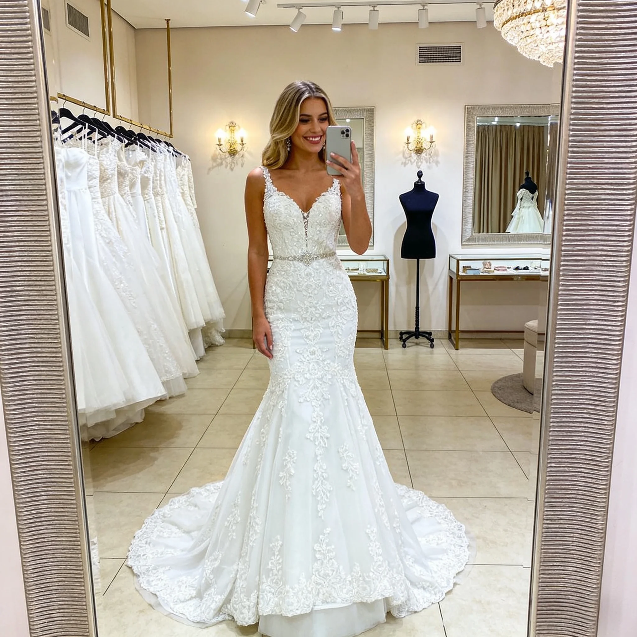 Свадебное платье-русалка белого цвета на заказ с V-образным вырезом, открытой спиной, кружевной аппликацией с пайетками, поясом и шлейфом
Свадебное платье-русалка белого цвета на заказ с V-образным вырезом, открытой спиной, кружевной аппликацией с пайетками, поясом и шлейфом