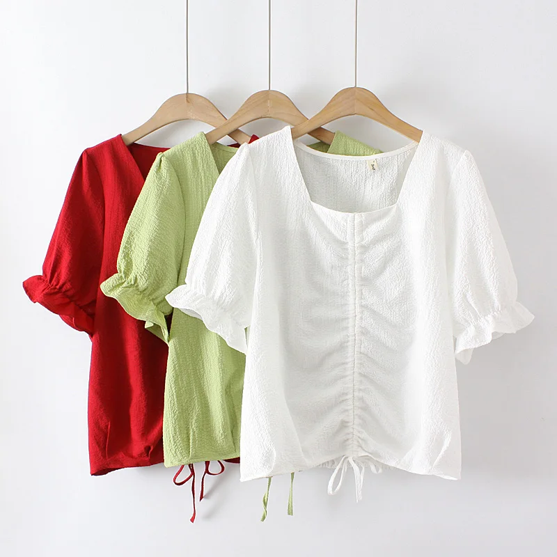 Summer Korean Style Small Square Collar Bubble Pleated Drawstring Short Sleeve Simple T-Shirt Women's plus Size Top
Summer Korean Style Small Square Collar Bubble Pleated Drawstring Short Sleeve Simple T-Shirt Women's plus Size Top