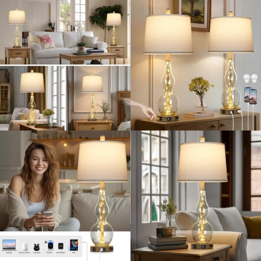 27.5" Glass Table Lamp Set of 2 with Night Light, Bedside Lamps with USB Ports and AC Outlet, Modern Nightstand Lamps Retro Far
27.5" Glass Table Lamp Set of 2 with Night Light, Bedside Lamps with USB Ports and AC Outlet, Modern Nightstand Lamps Retro Far