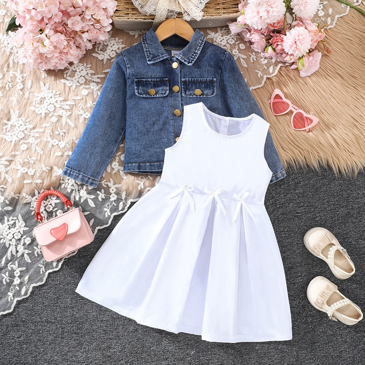 2pcs Spring Autumn Girls Denim Jacket Dress Set, Vintage Denim Coat + White Bow Princess Sundress, Elegant Sweet Style, Daily/Pa
2pcs Spring Autumn Girls Denim Jacket Dress Set, Vintage Denim Coat + White Bow Princess Sundress, Elegant Sweet Style, Daily/Pa