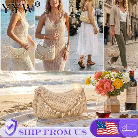 Bohemian Summer Straw Shoulder Bag with Ocean Shell, Starfish for Women Beach Vacation & Tropical Getaways Wrapped Handbags Ladies Handheld Crossbody Bags Totes
