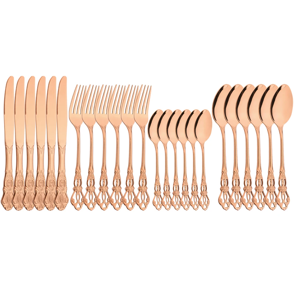 Rose Dinnerware Set Stainless Steel Tableware Luxury Cutlery Set Vintage Quality 24Pcs Knife Fork Dinner Flatware Set Western
Rose Dinnerware Set Stainless Steel Tableware Luxury Cutlery Set Vintage Quality 24Pcs Knife Fork Dinner Flatware Set Western