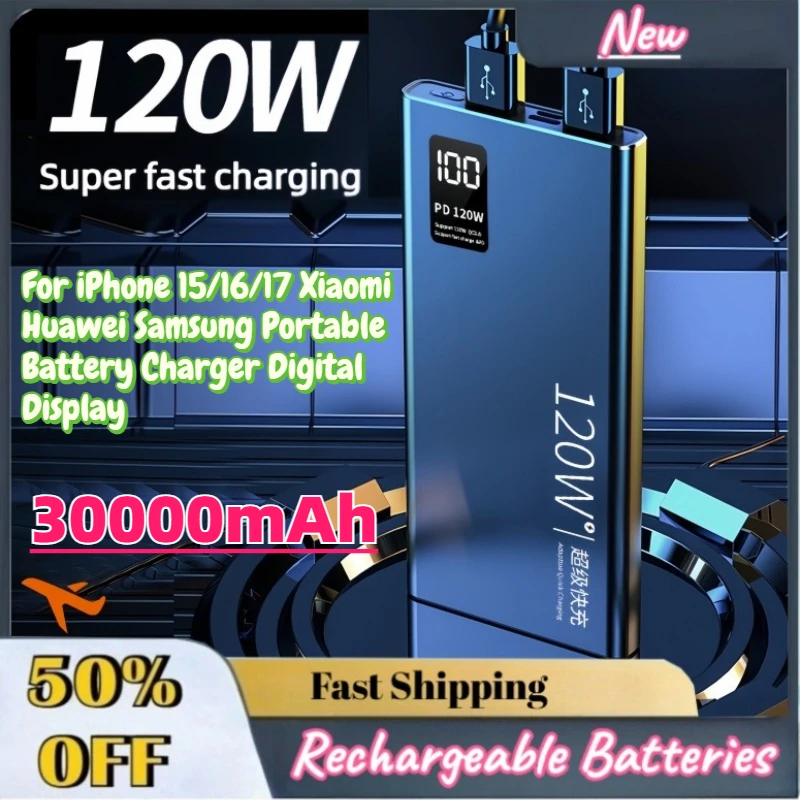 30000mAh 120W Power Bank Super Fast Charging For iPhone 15/16/17 Xiaomi Huawei Samsung Portable Battery Charger Digital Display
30000mAh 120W Power Bank Super Fast Charging For iPhone 15/16/17 Xiaomi Huawei Samsung Portable Battery Charger Digital Display