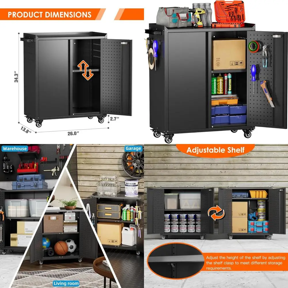 Металлический передвижной шкаф для хранения с замком, 34,3 дюйма, на колесах, с 2 перфорированными панелями и регулируемой полкой, для гаража
Металлический передвижной шкаф для хранения с замком, 34,3 дюйма, на колесах, с 2 перфорированными панелями и регулируемой полкой, для гаража